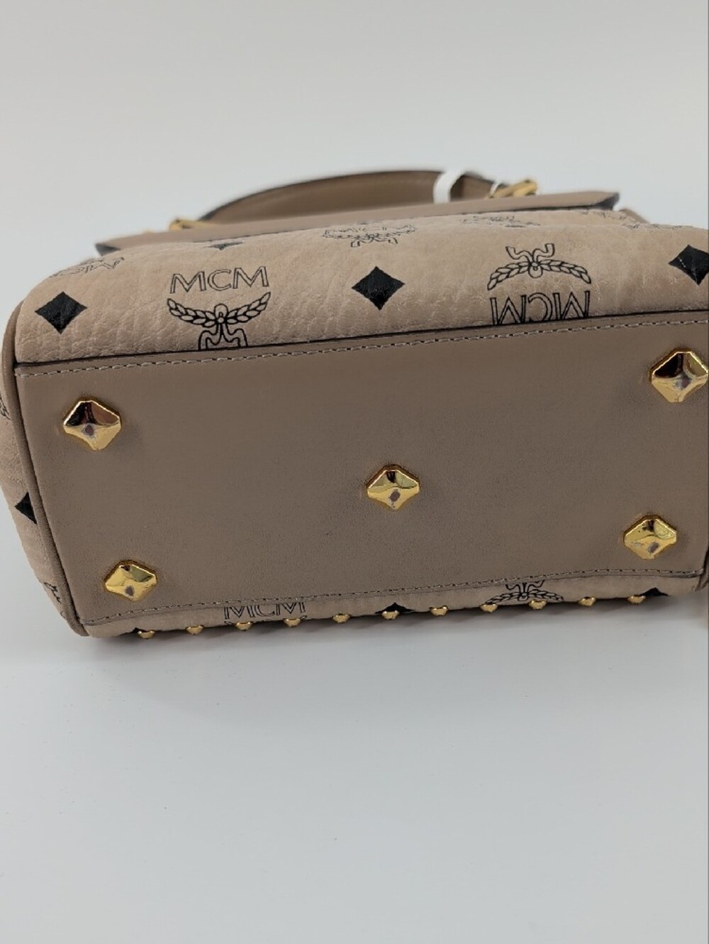MCM Beige Visetos Top Handle Bag with Gold Hardware and Pink Crystal Studs - Picture 6 of 10